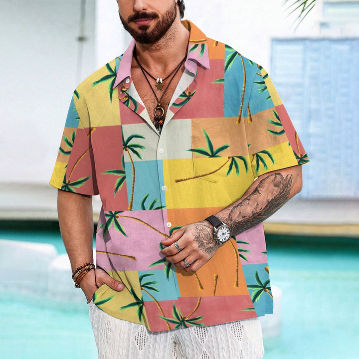 Geometric Colorful Mosaic Coconut Tree Short Sleeve Shirt 2410002372