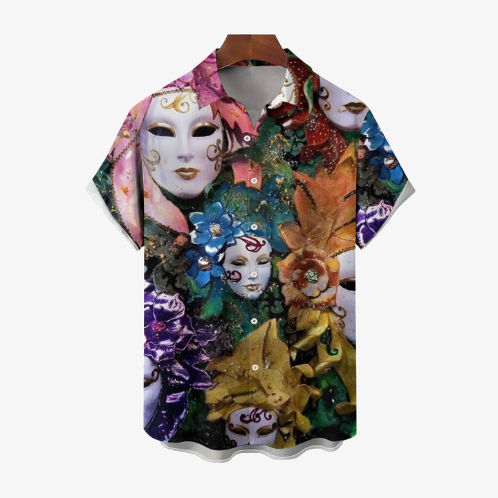 Mardi Gras Mask Print Casual Short Sleeve Shirt 2412007833