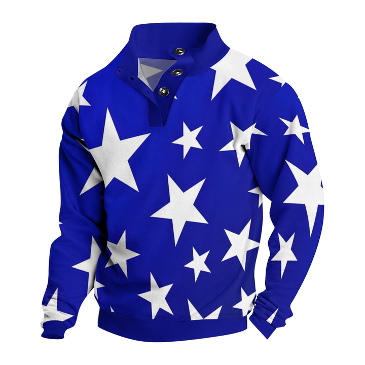 Men's Button Blue Star Print Casual Long Sleeve Sweatshirt 2410007046