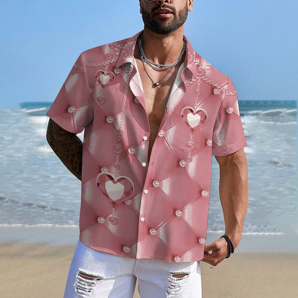 Men's Pink 3d Heart Decorative Print Short Sleeve Shirt 2412008507