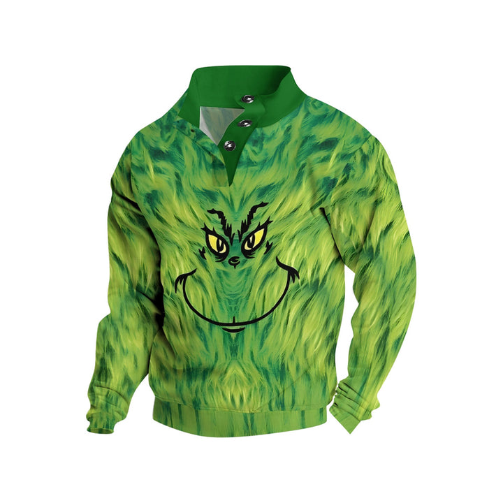 Men's Button Christmas Green Monster Print Casual Long Sleeve Sweatshirt 2410004496