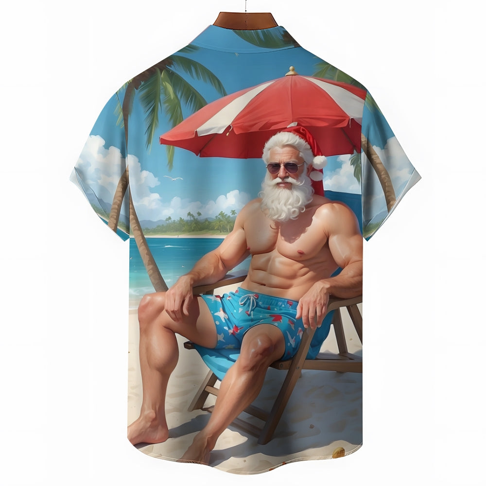 Christmas Santa Holiday Print Chest Pocket Short Sleeve Shirt 2411006346