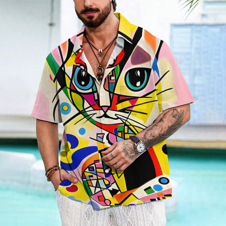 Geometric Abstract Cat Casual Short Sleeve Shirt 2409006088