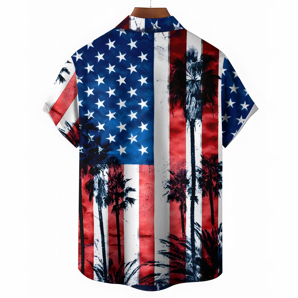 American Flag Palm Trees Casual Short Sleeve Shirt 2411003451