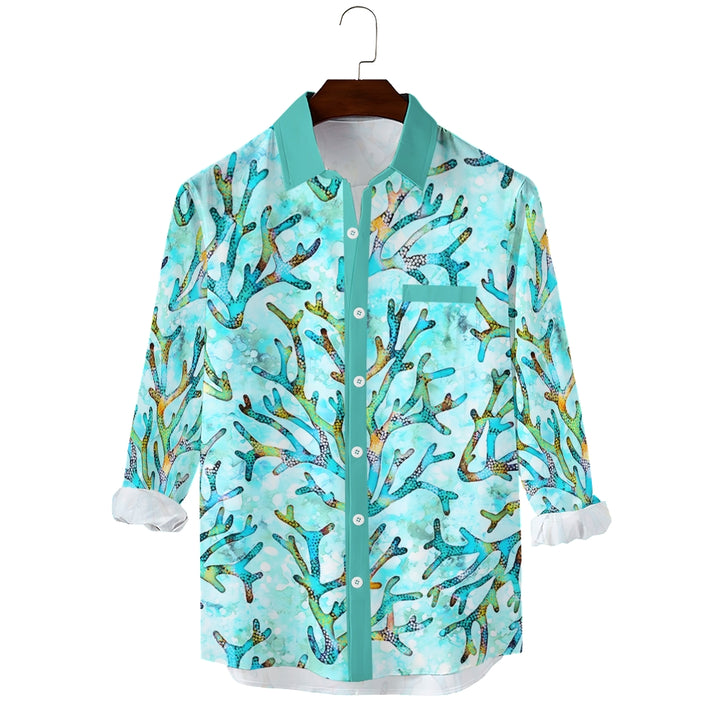 Men's Casual Coral Printed Long Sleeve Shirt 2403000597