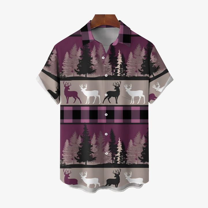 Elk And Pine Trees Casual Short Sleeve Shirt 2410007005