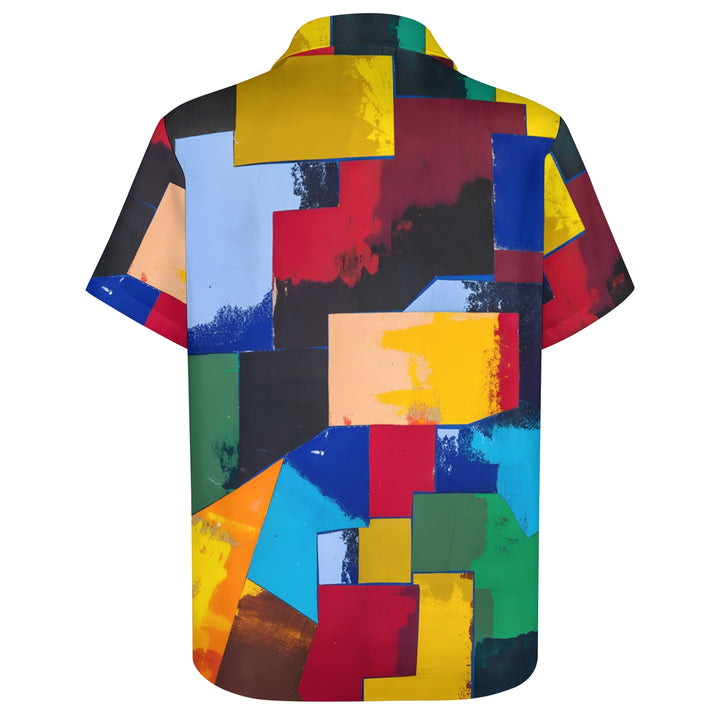 Spliced Color Block Art Print Casual Short Sleeve Shirt 2403000708