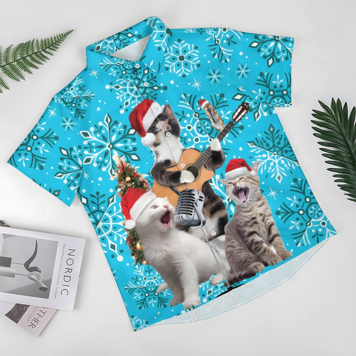 Cats Wearing Santa Hats And Singing Print Short Sleeve Shirt 2410003859