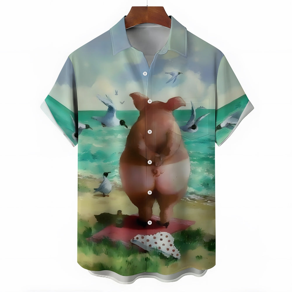 Funny Pig on the Beach Print Short Sleeve Shirt 2410003818