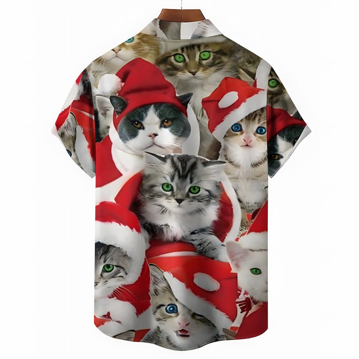 Christmas Cat in the Hat Print Short Sleeve Shirt 2410002036