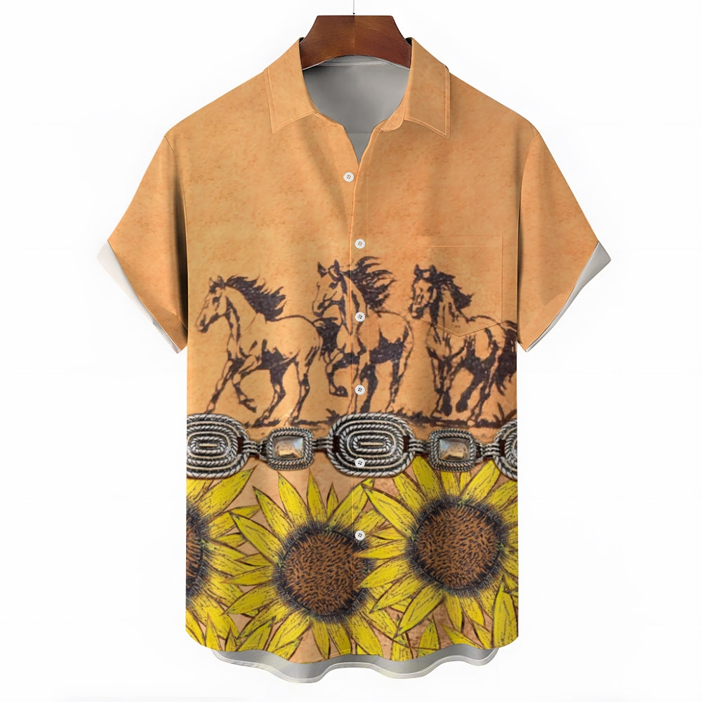 Horses And Sunflowers Decoration Print Casual Shirt 2412008035