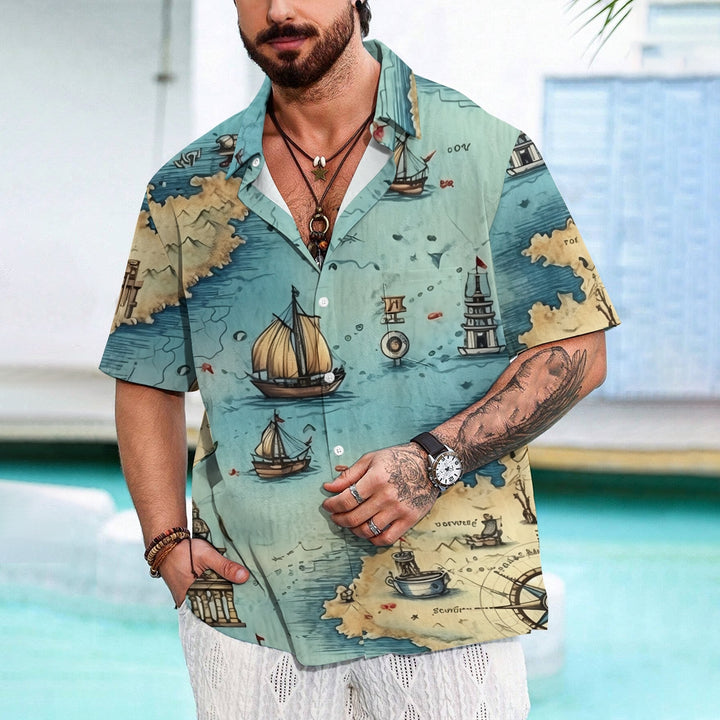 Nautical Sailboat Print Chest Pocket Short Sleeve Shirt 2411006006