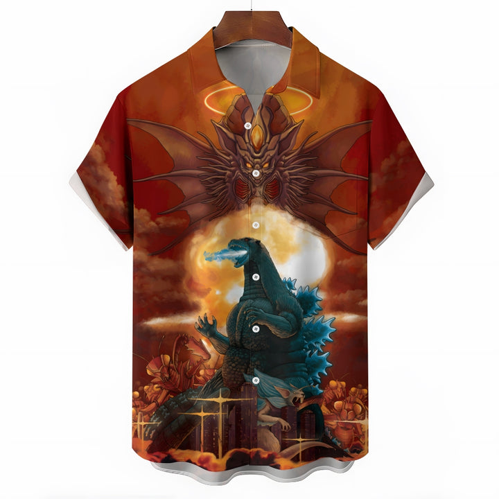 Godzilla Print Casual Short Sleeve Shirt 2408009576