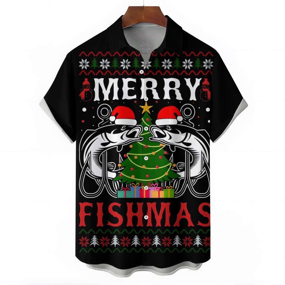 Merry Christmas Fishing Lovers Print Short Sleeve Shirt 2411007854