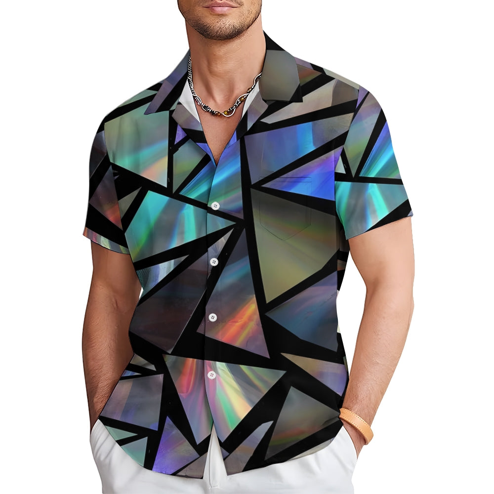 Triangle Color Reflective Print Chest Pocket Short Sleeve Shirt 2411005864