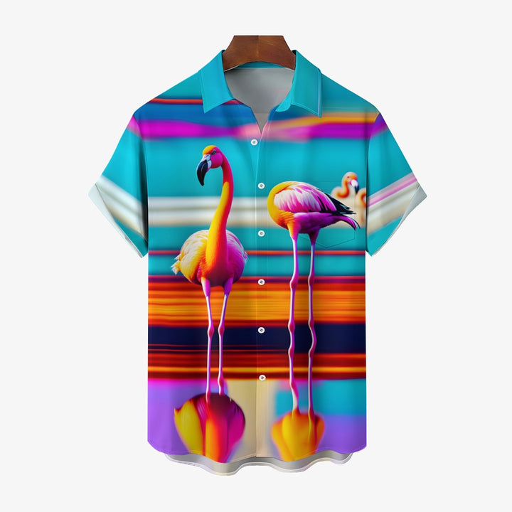 Flamingo Art Print Casual Short Sleeve Shirt 2411008046