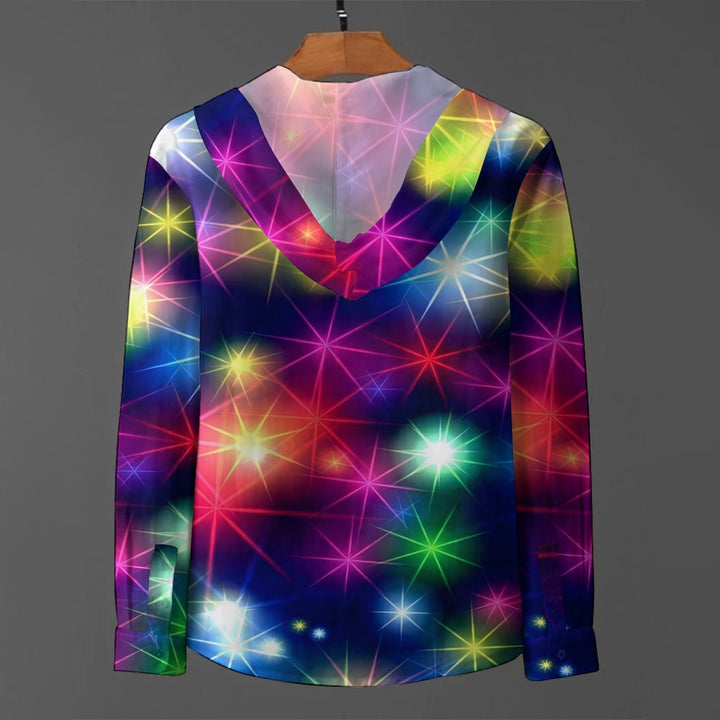 Colorful Glitter Print Hooded Half-Sleeve Shirt 2408002731