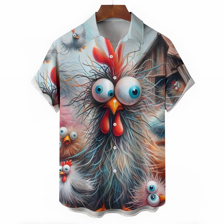 Scribbled Funny Chicken Casual Large Size Short Sleeve Shirt 2407001424