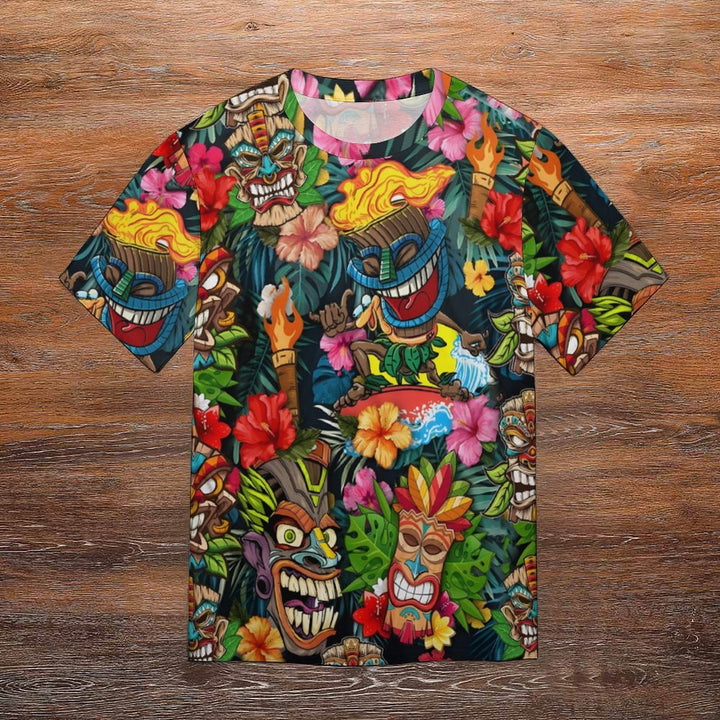 Men's Round Neck Tiki Art Casual T-Shirt 2404000507