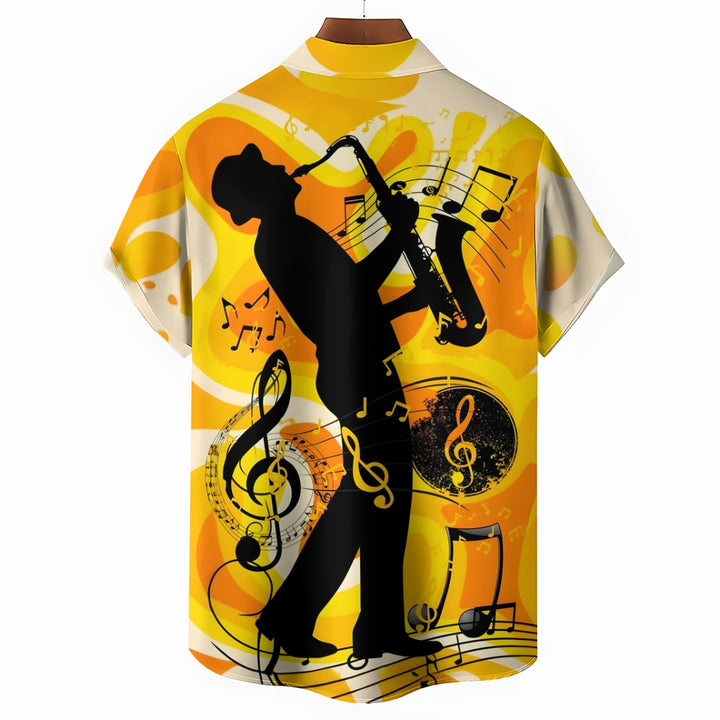 Men's Musical Saxophone Silhouette Print Short Sleeve Shirt 2412007610