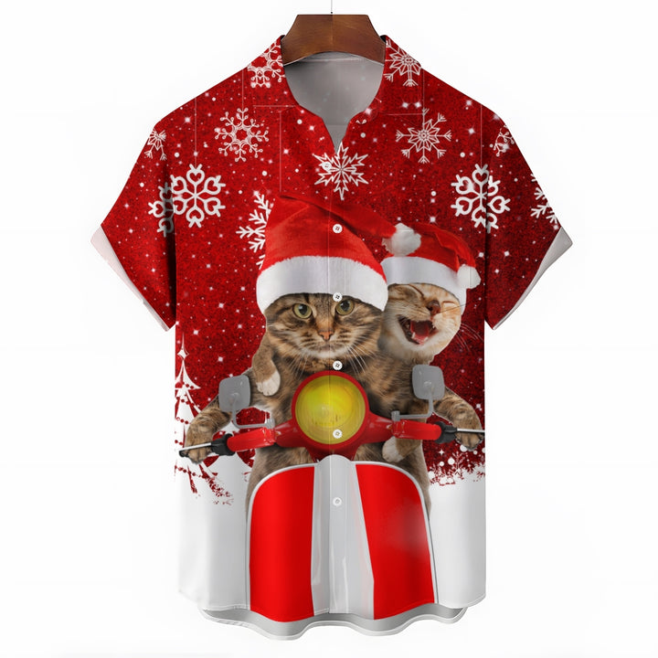 Cat Riding Motorcycle Christmas Short Sleeve Shirt 2410003802