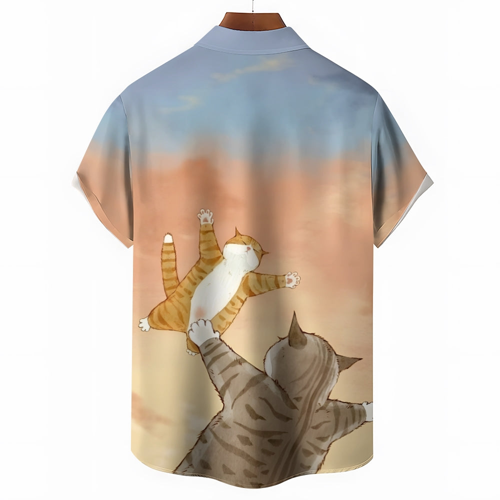 Cat Cartoon Print Casual Large Size Short Sleeve Shirt 2407000457