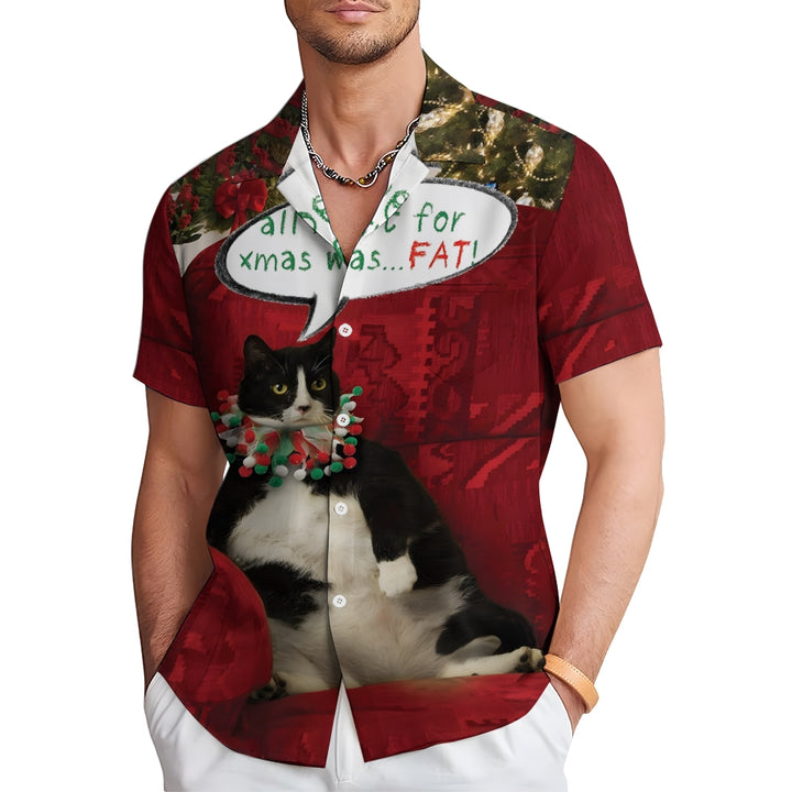 Christmas Fat Cat Fun Print Short Sleeve Shirt 2410003712