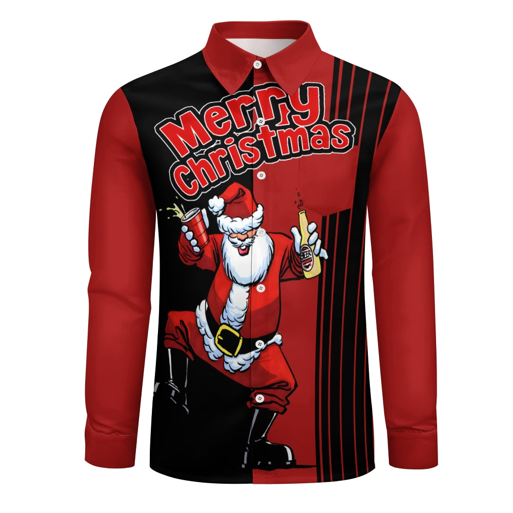 Men's Drink With Father Christmas Printed Long Sleeve Shirt