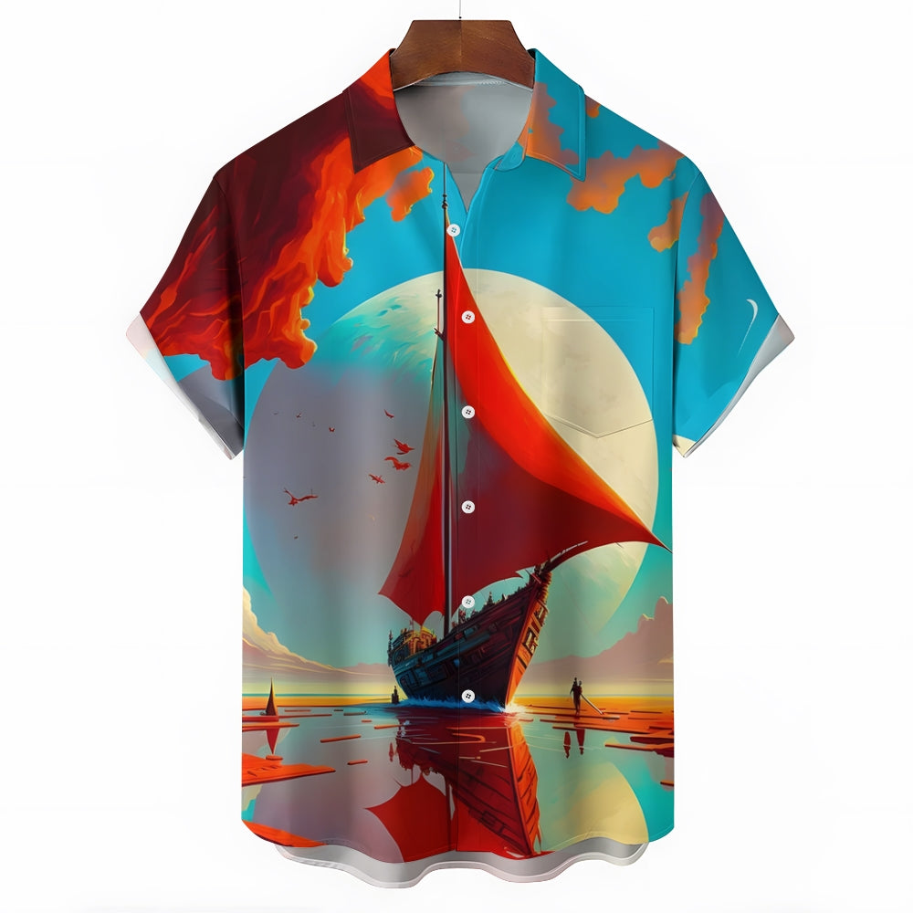 Sailboat Landscape Print Casual Short Sleeve Shirt 2405000464