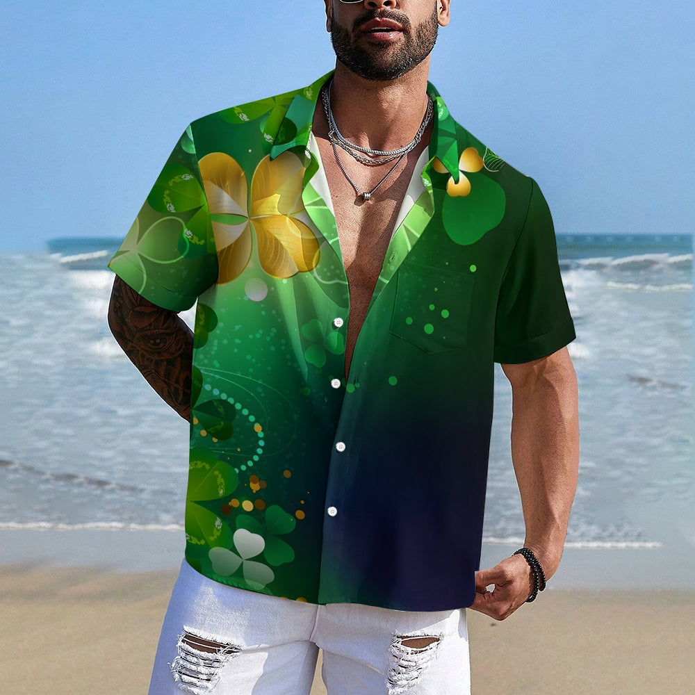 St. Patrick's Day Four-Leaf Clover Print Casual Shirt 2412006491