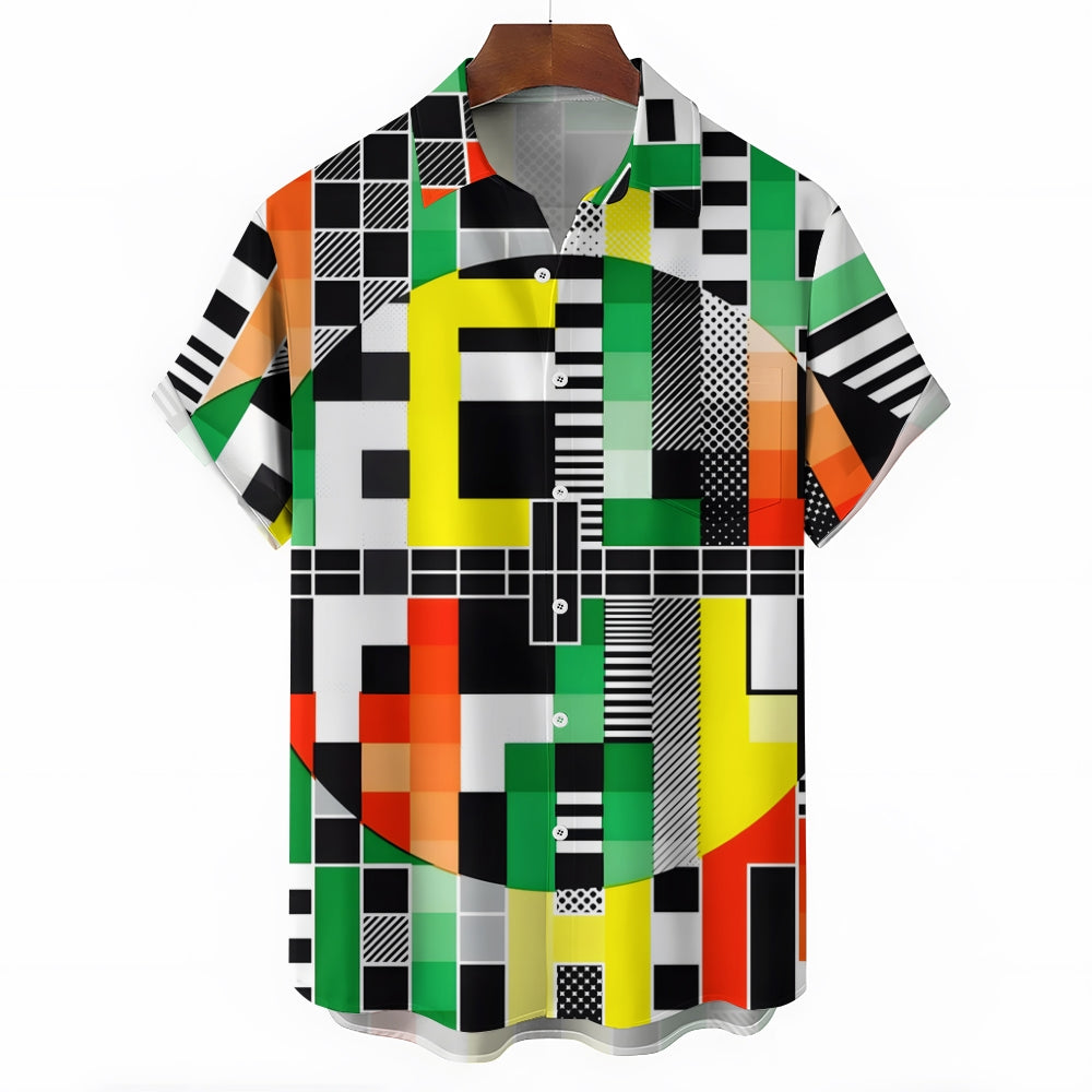 Geometric Mosaic Colorful Linen Short Sleeve Shirt 2409009638