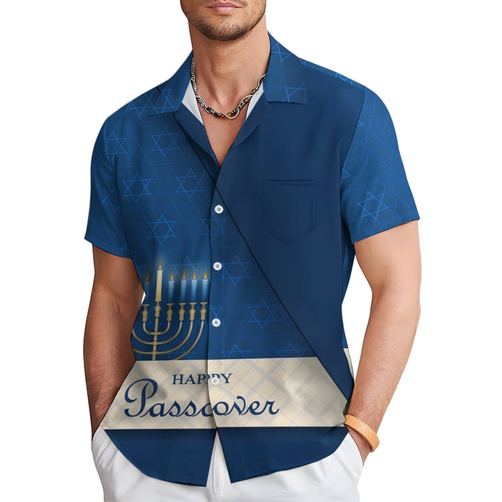 Happy Hanukkah Candle Print Short Sleeve Shirt 2411011968