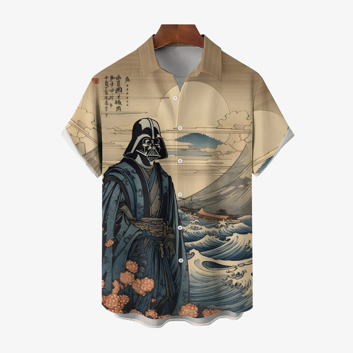 Ukiyo-E Retro Masked Warrior And Landscape Painting Printing Short Sleeve Shirt 2404001929