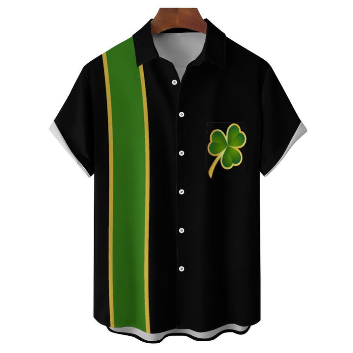 St Patrick‘s Day Shamrock Chest Pocket Short Sleeve Bowling Shirt 2401000001