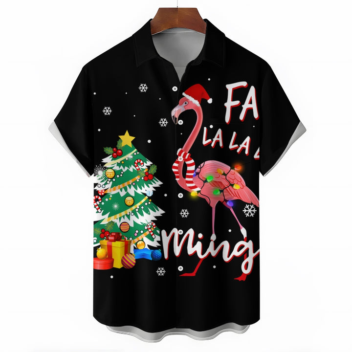 Christmas Tree And Flamingo Print Casual Short Sleeve Shirt 2411008547