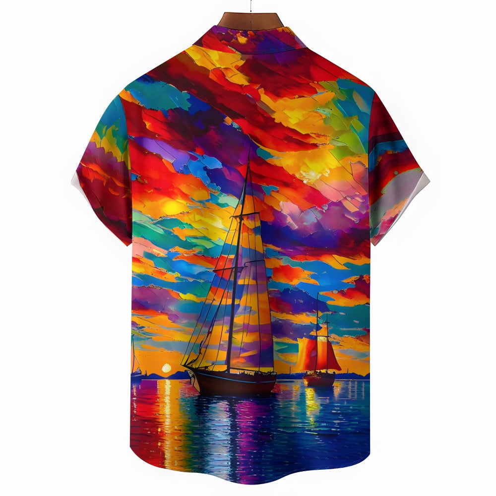 Colorful Sailboat Oil Painting Art Print Short Sleeve Shirt 2408007006