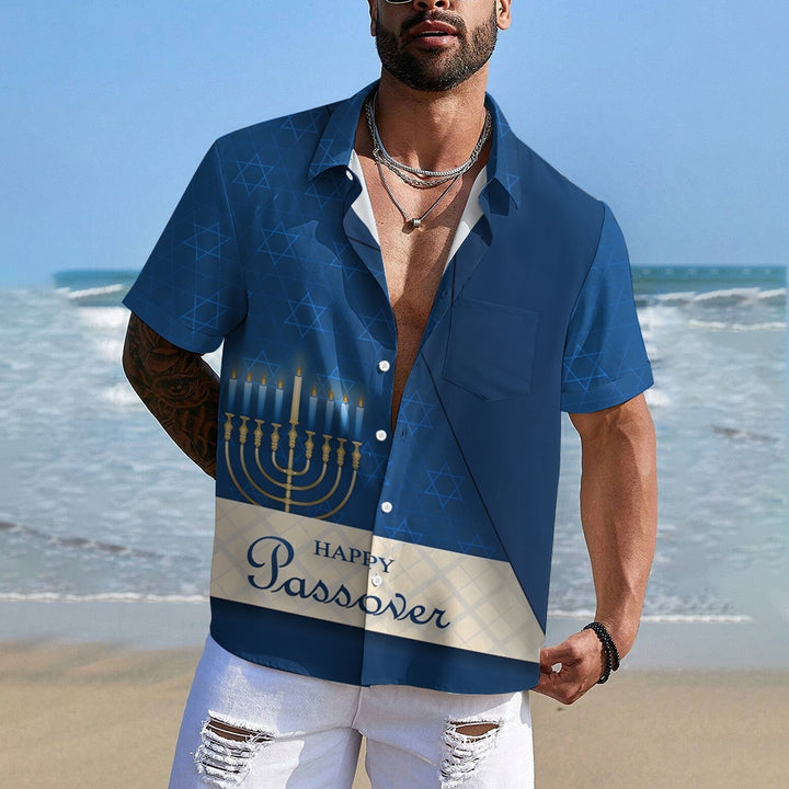 Happy Hanukkah Candle Print Short Sleeve Shirt 2411011968