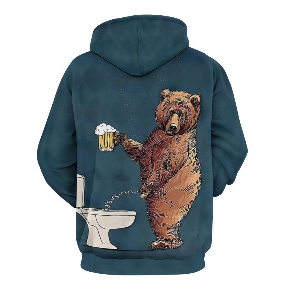 Fun Bear Beer Print Casual Long Sleeve Hooded Sweatshirt