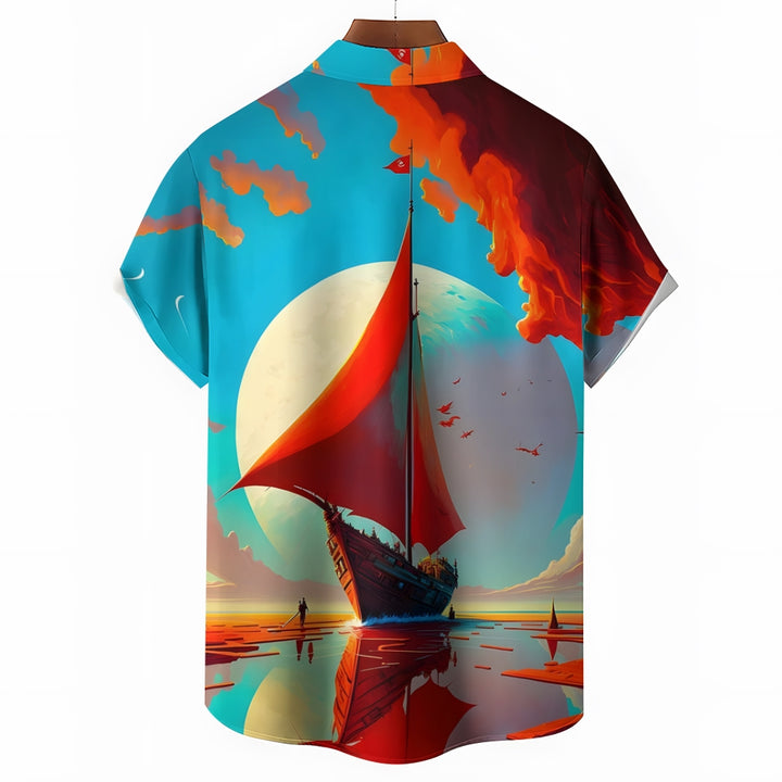 Sailboat Landscape Print Casual Short Sleeve Shirt 2405000464