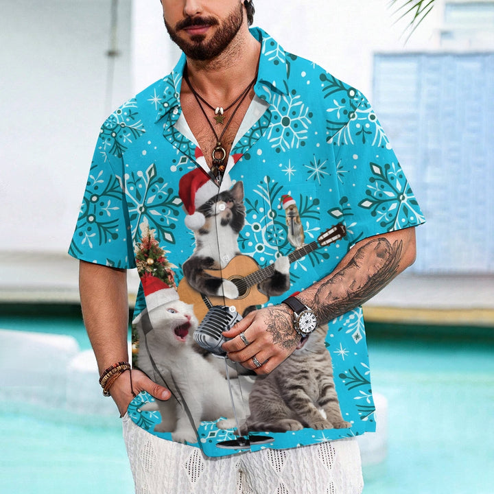 Cats Wearing Santa Hats And Singing Print Short Sleeve Shirt 2410003859