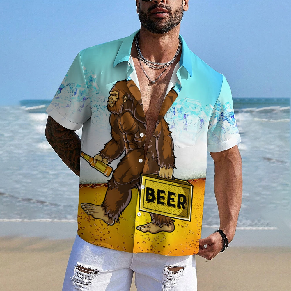 Beer Bigfoot Print Casual Oversized Short Sleeve Shirt 2406003451