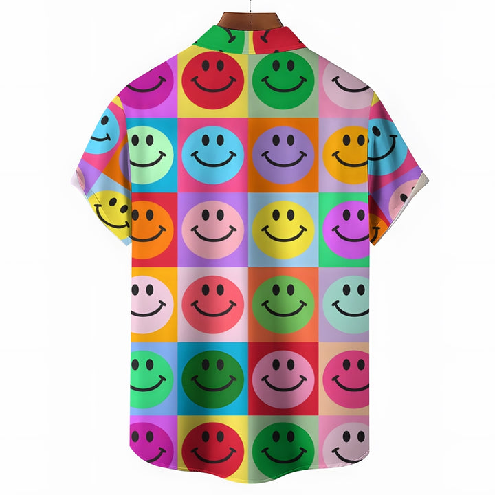 Colorful Smiley Face Patchwork Short-Sleeved Shirt 2409010805