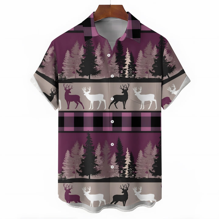 Elk And Pine Trees Casual Short Sleeve Shirt 2410007005