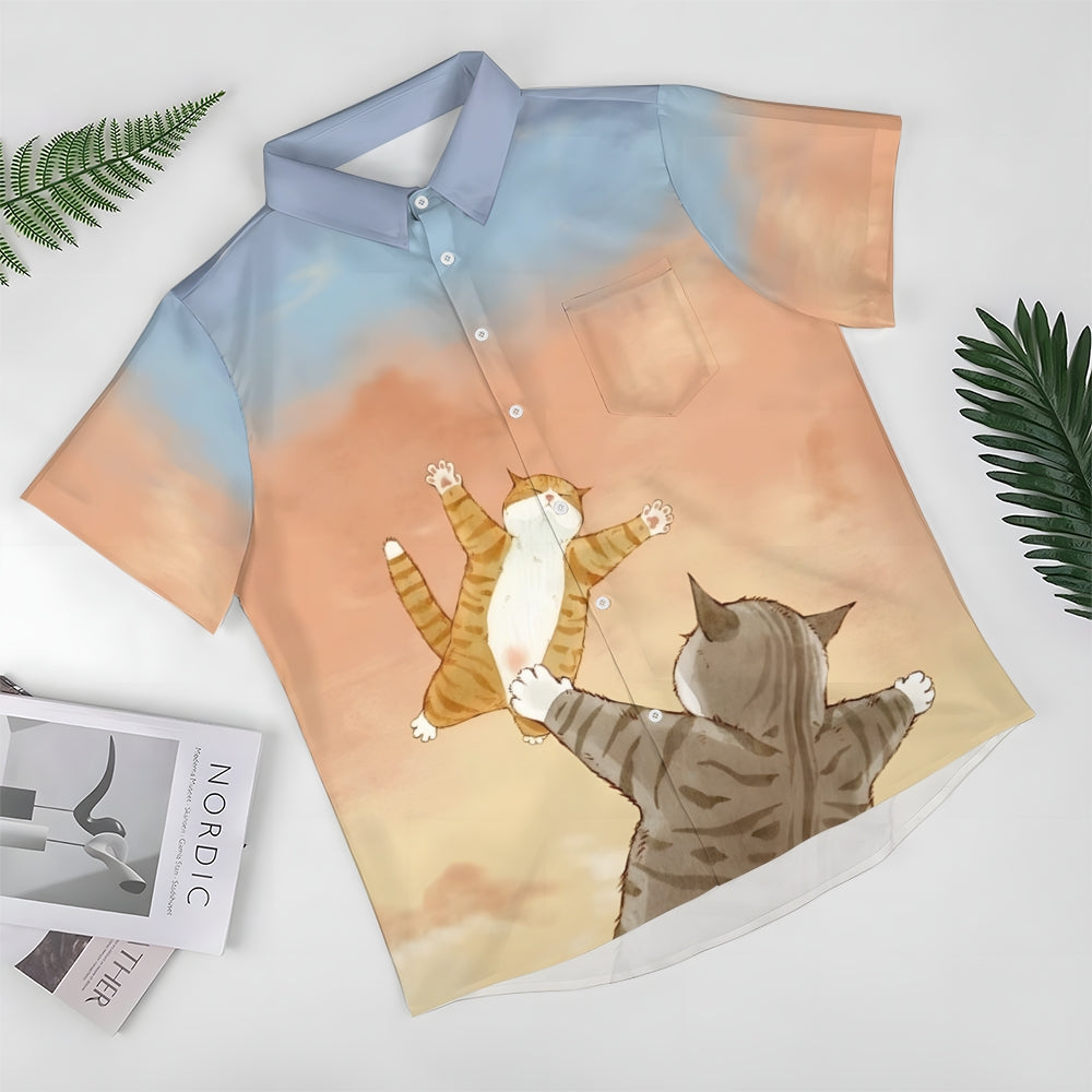 Cat Cartoon Print Casual Large Size Short Sleeve Shirt 2407000457