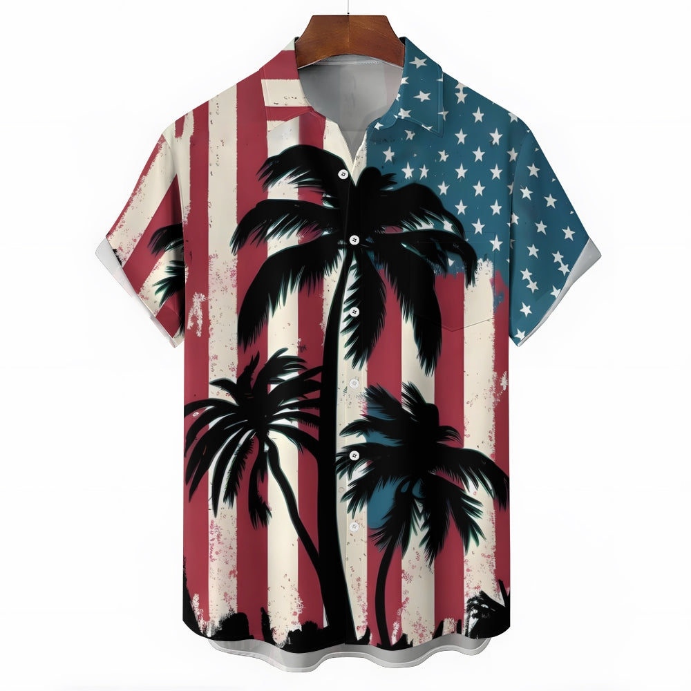 Coconut Tree Stars and Stripes Print Short Sleeve Shirt 2406002111