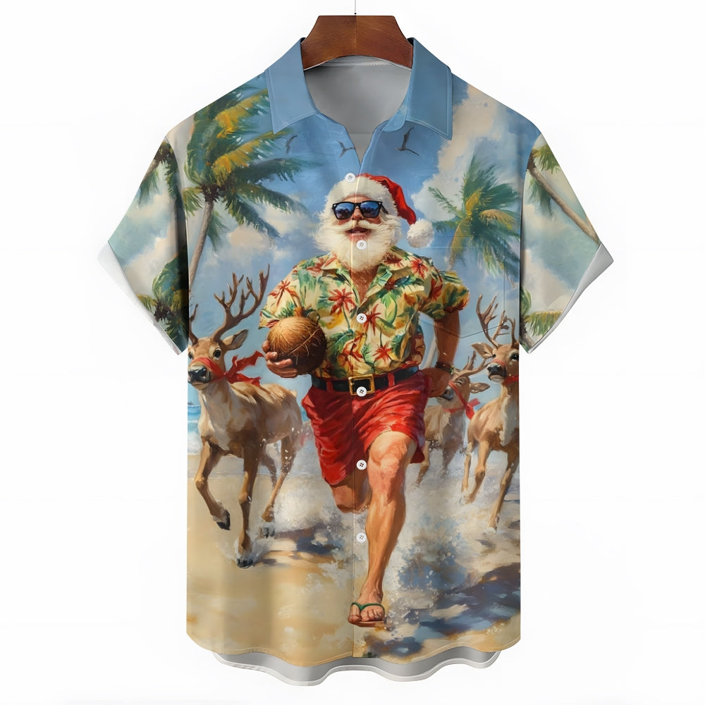 Funny Running Christmas Santa Claus Print Short Sleeve Shirt 2411005328