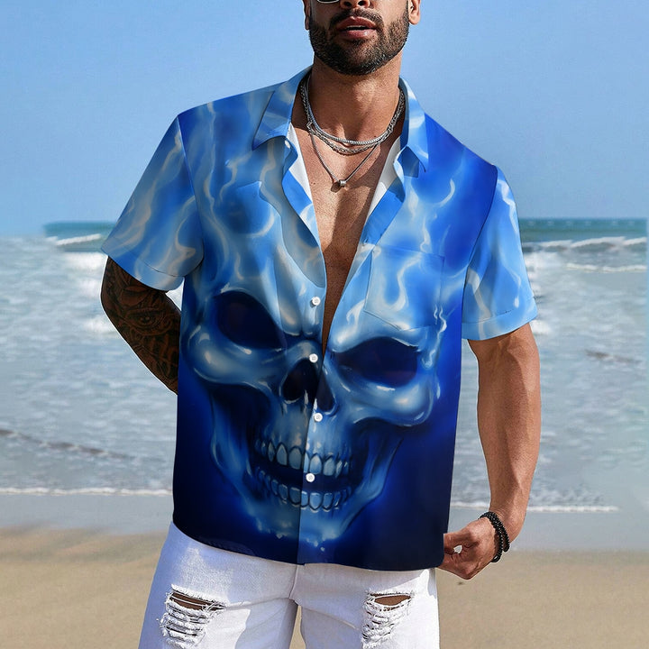 Skull And Flame Print Chest Pocket Short Sleeve Shirt 2411001990