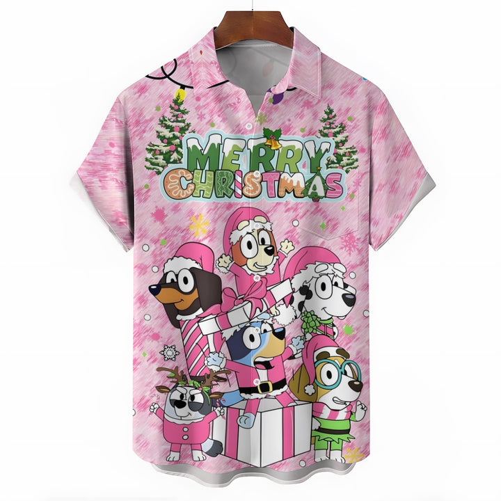 Merry Christmas Cartoon Dog Print Short Sleeve Shirt 2411011850