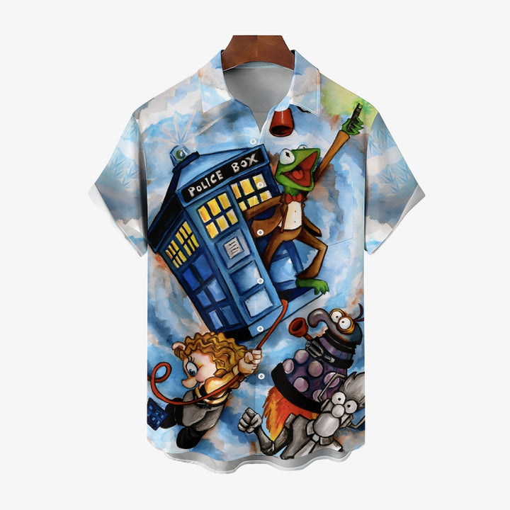 Police Box Cartoon Print Casual Short Sleeve Shirt 2410006780