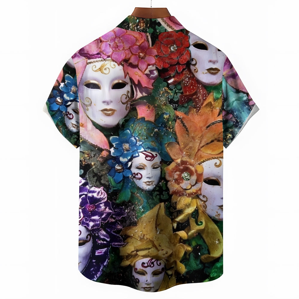 Mardi Gras Mask Print Casual Short Sleeve Shirt 2412007833